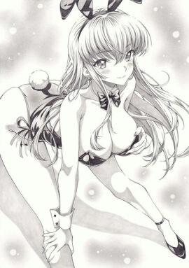 1girls ass bent_over blush breast_grab breasts bunny_ears bunnysuit c.c. cleavage code_geass female groping_breasts high_heels looking_at_viewer mikuro smile solo