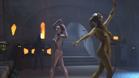 2girls 3d alexbridger armpits ass belly_dancer boba_fett braided_hair breasts brown_eyes brown_hair bubble_ass bubble_butt chain_leash chained dancer dancing enslaved_royal female femsub green_skin harem harem_girl headwear jabba's_palace jawa large_breasts long_hair medium_breasts naked nude nude_female oola princess_leia_organa rodian salacious_crumb slave slave_collar slave_girl slave_leia star_wars submissive_female twi'lek