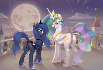 2girls anus ass blue_eyes blue_hair blush dark_mane equine female feral g4 looking_at_viewer looking_back multiple_girls my_little_pony pink_eyes princess_celestia_(mlp) princess_luna_(mlp) pussy rainbow_hair rainbow_mane vagina vaginal_juices