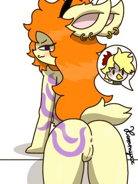 2025 3:4 alice_(xammyxx) anthro antlers anus ass avian bent_over bird black_nose blonde_hair blush cel_shading deer digital_media_(artwork) ear_piercing ear_ring eyelashes female fur genitals hair hi_res horn looking_at_viewer male mammal mostly_nude nude nude_anthro nude_female orange_hair piercing presenting purple_eyes pussy ring_piercing sam_(xammyxx) scut_tail shaded short_tail signature simple_background tail tattoo watermark white_background white_body white_fur xammyxx yellow_body yellow_fur