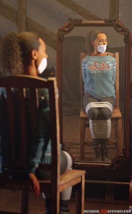 1girls alan_wake_2 bondage bound bound_legs bound_wrists chair clothed_bondage female female_only fully_clothed fully_clothed_female gagged mirror saga_anderson solo tape_gag