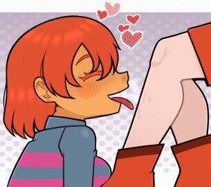 1other 2girls ambiguous_gender blush chara chara_(undertale) closed_eyes clothing female female_chara female_frisk frisk frisk_(undertale) heart high_resolution human multiple_females multiple_girls open_mouth orange_hair polka_dot red_hair shirt short_hair smile solo_focus steca striped striped_shirt tagme thelazyart tongue tongue_out undertale undertale_(series)