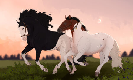 5:3 ambiguous_gender animal_genitalia black_body black_mane black_tail blueberry_(fruit) blueberry_(not_the_fetish) brown_body day duo equid equine feral food fruit fully_sheathed genitals hi_res horse huskii-s male mammal mane mouth_closed orange_eyes outside plant sheath shrub side_view sky tail white_body white_mane white_tail