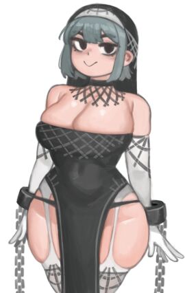 1girls black_choker breasts chains choker cleavage elbow_gloves female female_focus female_only gloves hips huge_breasts kelvin_hiu light-skinned_female light_skin looking_at_viewer nun nun's_habit nun_outfit original original_character pelvic_curtain short_hair shortstack simple_background smile strapless thick_thighs thighs white_background white_elbow_gloves white_gloves wide_hips