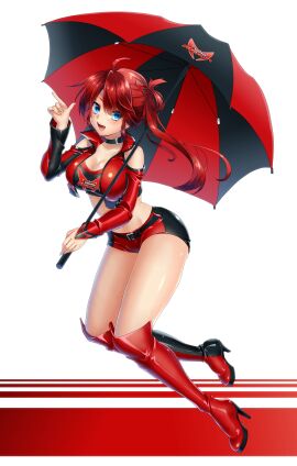 absurd_res blue_eyes breasts choker female female_only fully_clothed high_heel_boots high_heels keita_(tundereyuina) large_breasts original_character race_queen red_hair revealing_clothes shiny_clothes short_shorts shorts side_ponytail source_deleted thick_thighs umbrella