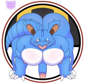 2024 anthro ass big_ass big_butt big_penis blue_body blue_skin blush circumcised claws english_description erection fangs front_view generation_1_pokemon genitals hairless head_spikes hi_res huge_cock humanoid_genitalia humanoid_penis kumabear357 long_tail male moobs nidoking nintendo nipples one_eye_closed penis pink_nipples pokeball pokemon pokemon_(species) shiny_nidoking shiny_pokemon solo spikes spikes_(anatomy) tail teeth thick_thighs tongue tongue_out ultra_ball white_claws
