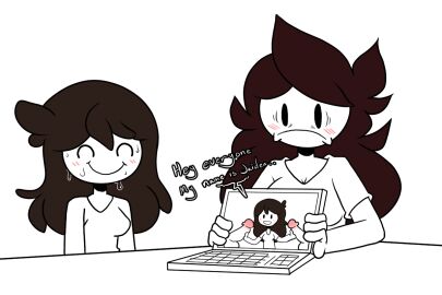 2024 2boys 2girls :i bluejr blush brown_hair closed_eyes embarrassed english_dialogue english_text female female_focus jaiden jaiden_animations laptop male mob_face nervous paradox penis shirt smile smiling sweat sweatdrop t-shirt text youtube youtuber youtuber_girl