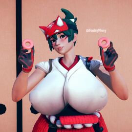 1girls 3d alternate_breast_size asian asian_female big_breasts blizzard_entertainment blush breasts brown_eyes curious donut face_markings female fox_ears fully_clothed funkymery green_hair honey_select honey_select_2 huge_breasts huge_nipples illusion_soft japanese_clothes kiriko_(overwatch) kitsune_mask looking_at_viewer nipple_bulge nipples nipples_visible_through_clothing overwatch overwatch_2 watermark