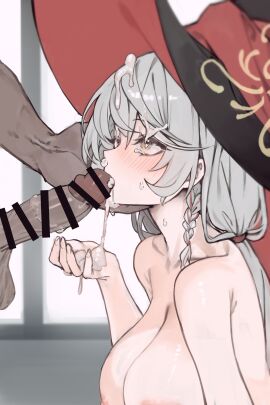1boy absurdres bar_censor black_hat blue_archive blush braid breasts censored cleavage cum cum_in_mouth cum_on_body cum_on_hair cum_on_hands dark-skinned_male dark_skin erection eri_(blue_archive) facial fellatio female from_side grey_hair halo hand_on_another's_face hand_up hat highres ka_keo large_breasts long_hair oral penis side_braid solo_focus straight witch_hat yellow_eyes yellow_halo