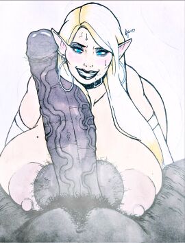 blonde_hair blue_eyes breasts elf female huge_breasts huge_cock looking_at_viewer lulupsyko male musk nipples original original_character paizuri penis pointy_ears smile