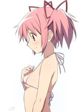 back bare_arms bare_back bare_belly bare_shoulders bikini blush body_blush breasts closed_mouth collarbone female hair_ribbon madoka_kaname mahou_shoujo_madoka_magica nagare_(flow) pink_bikini pink_eyes pink_hair shiny_skin short_hair short_twintails side_view sideboob small_breasts smile twintails underboob