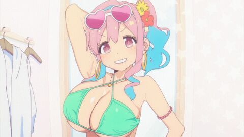 1girls animated arm_up armpits bikini bouncing_breasts breasts cleavage female flower hozuki_kaede huge_breasts official_art onii-chan_wa_oshimai! solo sunglasses sunglasses_on_head upper_body