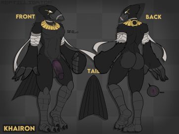 3_toes absurd_res ankh anus avian balls bandage bird black_talons corvid feather_hands feathers feet front_view genitals hi_res humanoid_genitalia humanoid_penis khairon_(ech0_715) male model_sheet oscine passerine penis purple_penis rear_view reptilligator straps tail toes