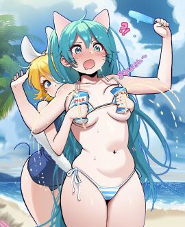 !? 2girls aa2mee animal_ears aqua_eyes beach bikini blonde_hair blue_bikini blue_eyes blue_hair blue_nails blue_one-piece_swimsuit blue_sky blush bow breasts breasts_apart cameltoe cat_ears cat_tail cloud cloudy_sky collarbone cowboy_shot day english_text fake_animal_ears female food hairbow hands_up hatsune_miku highres holding holding_food holding_milk_carton holding_popsicle kagamine_rin kemonomimi long_hair looking_at_another milk milk_carton multicolored_bikini multiple_females multiple_girls navel ocean one-piece_swimsuit open_mouth outdoors palm_tree popsicle pussy sand school_swimsuit short_hair side-tie_bikini side-tie_bikini_bottom side-tie_panties sky stomach striped_bikini striped_clothes suggestive_fluid swimsuit tail tree two-tone_bikini vocaloid whiskers white_bikini white_bow yuri