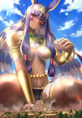 1girls blackswamp0808 city egyptian fate/grand_order female giantess hoop_earrings hoop_earrings_oversized multicolored_hair nitocris_(fate/grand_order) purple_hair squatting temple