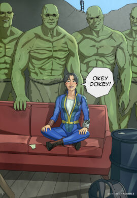 1girls 2d 5boys couch crimsonnoodle dialogue english_text eyebrowless fallout fallout_(series) female green-skinned_male green_skin human human_female light-skinned_female light_skin lucy_maclean male male/female muscular muscular_male no_source straight surrounded