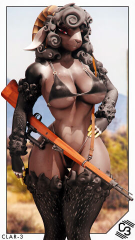 3d_(artwork) 9:16 anthro big_breasts bikini black_bikini black_body black_clothing black_fur black_swimwear blurred_background bovid breasts brown_body caprine clar-3 clothing curly_hair digital_media_(artwork) female freckled_breasts freckled_face freckled_legs freckled_thighs freckles fur gun hair hand_on_hip hi_res holding_gun holding_object holding_ranged_weapon holding_weapon horn looking_at_viewer mammal nipple_outline ranged_weapon red_eyes rifle sheep solo swimwear thick_thighs two-piece_swimsuit watermark weapon wide_hips