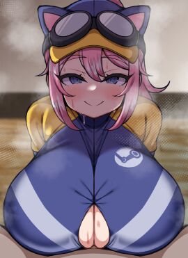 1boy 1girls animal_hat baseball_cap blue_eyes blue_jacket blush breasts cat_hat cleavage detritus duvet208 female long_hair looking_at_viewer male paizuri pink_hair ponytail pov smile solo_focus steam steam_(software) steam_delivery_girl steam_logo straight sweat titjob valve valve_(company)