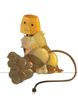 3_toes :3 absurd_res alpha_channel ambiguous_species anthro balls blush bodily_fluids electrical_plug_tail feet fluffy foot_focus for_a_head genitals hi_res jello_(artist) lamp_shade lampert_(regretevator) male mastectomy_scar nipples pawpads rear_view regretevator roblox roblox_game scar simple_background sitting solo sweat tan_body toes transparent_background whiskers yellow_pawpads