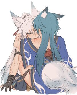 2girls bite bite_marks biting blue_eyes blush clothed clothing eyeliner feixiao_(honkai:_star_rail) female fox_ears fox_tail gloves hand_on_back honkai:_star_rail honkai_(series) hoyoverse shaking sweat teal_hair white_background white_hair yukong_(honkai:_star_rail) yuren yurenn yuri