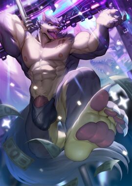 2023 abs anthro argus_cailloisty banknote biceps black_body black_clothing black_fur black_thong black_underwear bulge canid canine canis chest_tattoo cjk_character claws clothed clothing erection finger_claws forearm_muscles fur genitals hand_behind_head hi_res low-angle_view male mammal money multicolored_body multicolored_fur muscles navel nipples obliques open_mouth orzero pawpads pecs penis penis_base pole pubes purple_light serratus solo strip_club stripper stripper_pole strobe_lights tail tattoo thong thong_only toe_claws tongue tongue_out topless two-tone_body two-tone_fur underwear underwear_only vein veiny_penis wolf yellow_body yellow_eyes yellow_fur