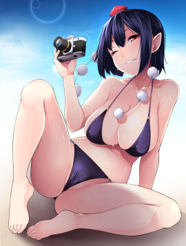 1girls alternate_costume arm_support ass bare_arms bare_legs barefoot bikini black_bikini black_hair breasts camera cleavage collarbone contemporary female full_body hair_between_eyes halterneck hat head_tilt highres large_breasts looking_at_viewer navel one_eye_closed parted_lips partially_visible_vulva pointy_ears pom_pom_(clothes) pussy red_eyes shachi_kamaboko shameimaru_aya short_hair side-tie_bikini_bottom sideboob sitting solo spread_legs stomach swimsuit thighs toes tokin_hat touhou