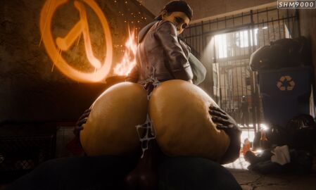 1boy 1girls 3d alyx_vance ass ass_focus ass_grab assjob buttjob cellulite civil_protection_(half-life_series) covered_assjob covered_buttjob cum cum_on_ass dark-skinned_male dark_skin female female_focus half-life:_alyx half-life_(series) half-life_2 lambda_symbol large_ass light-skinned_female light_skin looking_at_viewer looking_back male penis superhentaimaster9000