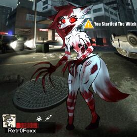 2d 3d_background anthro biohazard_symbol bite bite_mark blood_from_mouth blood_in_mouth blood_on_clothing blood_on_hand blood_stain bloodshot_eyes bodily_fluids bone bullet_wound canid canine car car_crash city city_background claws clothing crossover death english_text evil_face evil_look exposed_bone flat_chest flesh fox fur gameplay_mechanics gore gui gunshot hair hazard_symbol health_bar hi_res high_heels infection left_4_dead left_4_dead_(series) long_claws long_hair looking_at_viewer male mammal markings multicolored_body nipple_tape nosebleed pasties plantigrade police police_car police_vehicle raised_heel red_eyes red_hair red_markings red_nose retr0foxx scratches solo symbol syringe tape text true_flat_chest undead underwear valve vehicle white_body white_fur witch_(left_4_dead) zombie