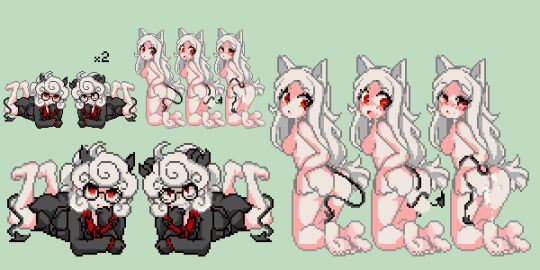 4girls breasts cerberus_(helltaker) demon demon_girl demon_horns demon_tail dog_ears female female_only helltaker horns multiple_females multiple_girls pandemonica_(helltaker) pixel_art red_eyes tagme white_hair 青117色