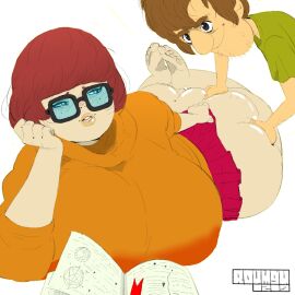 1boy 1girls ass ass_grab barefoot big_ass book breasts brown_hair clothing duo fat_ass feet feet_up female glasses human large_ass light-skinned_female light-skinned_male light_skin looking_at_another male nerdy_female roumgu scooby-doo shaggy_rogers smiling soles straight toes transparent_background velma_dinkley