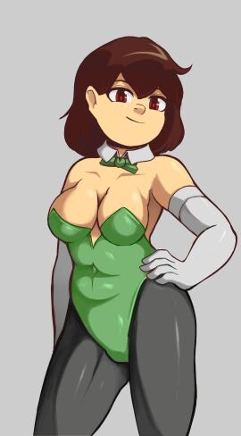 bowtie brown_hair bunnysuit chara female female_chara green_clothing human leotard pstash red_eyes sleeves tights undertale undertale_(series)