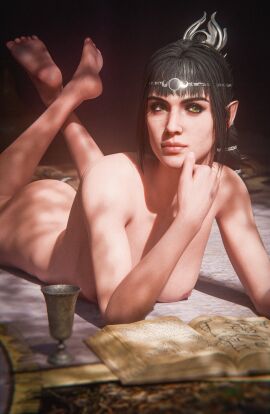 1girls 3d areolae ass baldur's_gate baldur's_gate_3 barefoot black_hair book breasts circlet cup dungeons_and_dragons elf elf_ears elf_female feet female female_focus female_only forgotten_realms fully_nude green_eyes hair_ornament half-elf half_elf hi_res high_resolution highres large_ass large_breasts laying_on_stomach light-skinned_female light_skin long_hair looking_to_the_side nipples prone shadowheart simple_background soles solo solo_female solo_focus the_pose wibby wizards_of_the_coast