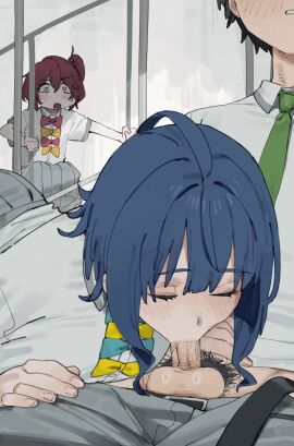 1boy 2girls big_breasts blue_hair blush erection fellatio female komari_chika long_hair lonklink make_heroine_ga_oo_sugiru! male nukumizu_kazuhiko oral penis pubic_hair school_uniform shirt skirt surprised tagme testicles video yanami_anna