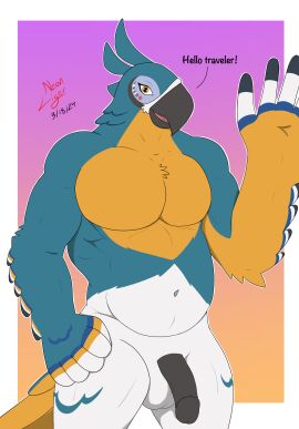 anthro avian balls beak big_balls big_penis bird black_beak black_penis blue_body blue_feathers breath_of_the_wild dated dialogue elbow_feathers feathered_wings feathers genitals gesture hi_res kass_(tloz) kass_(zelda) looking_at_viewer male multicolored_body musclegut muscular muscular_male mythological_avian mythological_creature mythology neon_lion nintendo nude orange_body orange_eyes orange_feathers outline pecs penis raised_arm shaded simple_background simple_shading solo tail tail_feathers the_legend_of_zelda thick_thighs waving white_body white_feathers white_outline wings