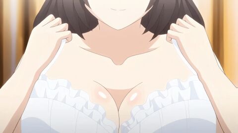 1girls 2d 2d_animation animated animated_gif areolae big_breasts black_hair bouncing_breasts bra breasts close-up collarbone cosplay_change:_pure-kei_joshidaisei_no_kiken_na_seiheki female female_only gif huge_breasts light-skinned_female light_skin nipples pale-skinned_female pale_skin screencap smile undressing white_skin