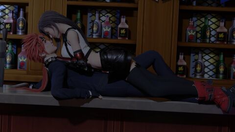 1boy 1girls 3d bar face-to-face female final_fantasy final_fantasy_vii final_fantasy_vii_remake light_skin looking_at_partner lying_on_back lying_on_person lying_on_stomach male male/female on_top_of_another red_hair reno_(ff7) spiky_hair straight tifa_lockhart yohikoymi