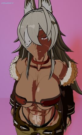 3d abs absurd_res angry breasts dark-skinned_female dark_skin female female_abs ghislaine_dedoldia muscular muscular_female mushoku_tensei pubic_hair scars shaddoll_x thong