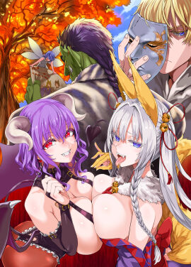 2girls asanagi big_breasts breasts demon demon_girl fangs female horns male multiple_boys multiple_females multiple_girls multiple_males outdoors purple_eyes purple_hair red_eyes succubus tagme white_hair
