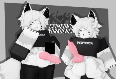 1boy 3d balls black_clothing black_shirt black_thighhighs censor_bar claws crimstuff crop_top erection femboy fox fox_boy fox_ears fox_tail furry knot knotted_penis looking_at_viewer male male_only no_pants one_eye_closed original_character penis roblox robloxian shirt short_hair simple_background solo standing text_on_clothing thick_thighs thighhighs thighs watermark white_fur white_hair