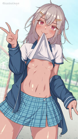 :3 absurdres ahoge blue_jacket blue_skirt blush breasts clothes_lift collared_shirt female female_only grey_hair hair_ornament highres jacket kanikatsuya lacrosse messy_hair midriff mole mole_under_eye mouth_pull navel nipples open_jacket peace_sign plaid_skirt pulling_own_clothes red_eyes shirt_bite shirt_lift skirt small_breasts solo_female sportswear sweat v zipper