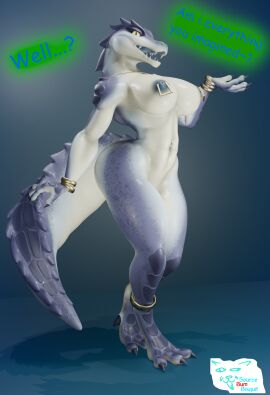 absurd_res anklet anthro big_breasts bracelet breasts confident crocodilian female hi_res jewelry knocker_piercing kroxigor kroxigor_(vulgarvictor) looking_at_viewer navel navel_piercing nipple_piercing nipples piercing presenting reptile scalie solo sourcebumbiscuit thick_thighs wide_hips