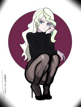 1girls artist_signature background_pattern black_high_heels black_outfit black_stockings blonde_hair blue_eyes crouching diana_cavendish female female_only high_heels human human_only light-skinned_female light_skin little_witch_academia long_hair nylons questionable sfw solo solo_female squatting stockings