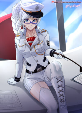 1girls 2d belt belt_buckle boots braid braided_hair dominant dominant_female dominatrix earrings female female_only femdom glasses gloves high_heel_boots high_heels hocen knee_boots long_legs looking_at_viewer military_cap military_clothing military_hat military_uniform officer riding_crop rwby thigh_highs thighhighs thighs weiss_schnee whip white_boots white_clothing white_gloves white_hair