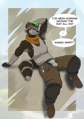 absurd_res armpit_hair bodily_fluids body_hair bulge clothing facial_piercing grin grinning_at_viewer hi_res looking_at_viewer male male/male mammal musk musk_clouds nose_piercing penis piercing procyonid raccoon rufus_(fortnite) septum_piercing smelly smelly_penis smile solo solo_focus sweat sweatdrop underwear yeentonic