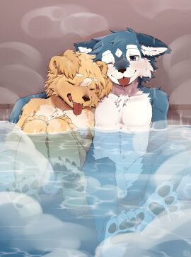 2024 4_toes anthro balls bent_legs betsuto blue_body blue_eyes blue_fur blush canid canine canis claws closed_eyes domestic_dog duo embarrassed english_description feet flaccid foreskin fur genitals hands_on_knees hands_on_legs happy hi_res hot_spring hug humanoid_genitalia humanoid_penis leaning male mammal nude nude_male one_eye_closed one_eye_half-closed onsen partially_submerged pawpads penis sitting soles steam tan_body tan_fur toes tongue tongue_out uncircumcised water wet wet_body white_body white_fur wolf yellow_body yellow_fur