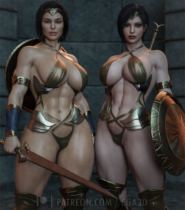 2girls 3d 3d_(artwork) abs ada_wong ada_wong_(adriana) alternate_body_type amazonian ass_visible_through_thighs athletic athletic_female belly_button belly_button_piercing big_breasts big_butt black_hair bo-katan_kryze bracers breasts breasts_bigger_than_head brown_eyes busty cameltoe capcom cga3d circlet cosplay crossover crossover_cosplay curvy curvy_female daz3d daz_studio dc dc_comics detailed_background eastern_and_western_character erotichris female female_focus female_only fit fit_female fusion fusion_character genital_outline genital_slit genitals headband helmet holding holding_object holding_shield holding_sword holding_weapon hourglass_figure huge_breasts human human_only katee_sackhoff large_breasts light-skinned_female light_skin looking_at_viewer mandalorian medium_hair multiple_females multiple_girls muscular muscular_female navel navel_piercing pierced_belly_button pierced_navel pussy pussy_bulge pussy_peek pussy_visible_through_clothes resident_evil resident_evil_2 resident_evil_2_remake resident_evil_4 resident_evil_4_remake seductive seductive_look sensual shield shield_on_back short_hair star_wars sword sword_on_back the_mandalorian thick thick_thighs thighs thong tight_clothing voluptuous voluptuous_female wide_hips wonder_woman wonder_woman_(cosplay) wonder_woman_(series)