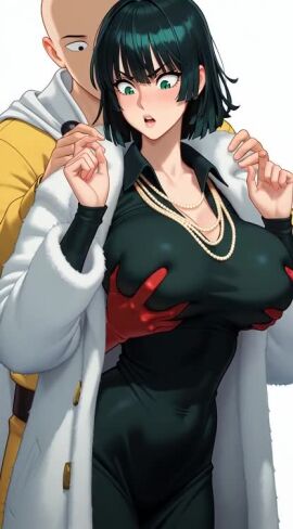 1boy 1girls ai_generated animated bald black_hair breast_grab breasts cape dress female from_behind fubuki_(one-punch_man) fur_coat gloves green_eyes huge_breasts jumpsuit kosine1777 male one-punch_man red_gloves saitama surprised_expression tagme video white_cape yellow_jumpsuit