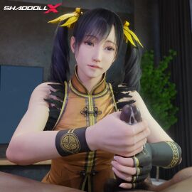 1boy 1girls 3d absurd_res bandai_namco clothed_female_nude_male cum cum_on_hands handjob hands_on_penis hi_res ling_xiaoyu milking shaddoll_x tekken touching_penis twintails