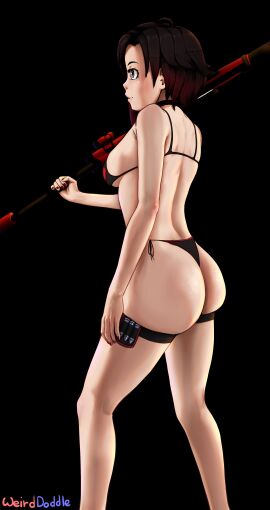 ass ass_focus big_ass bikini gradient_hair ruby_rose rwby scythe short_hair side_view sideboob silver_eyes weapon weirddoddle