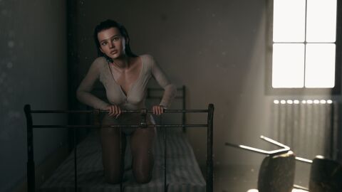 1girls 3d daz_studio female female_only kneeling panties pinup rauko_(artist) shirt_and_panties solo